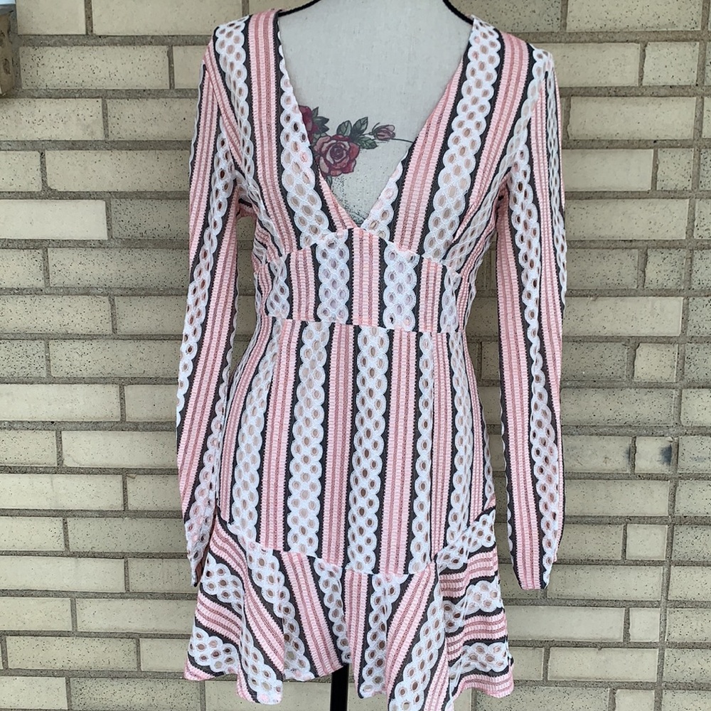 ❌DONATED❌Blush Pink Crochet Eyelets Striped Deep V Lined Dress - Picture 5 of 17